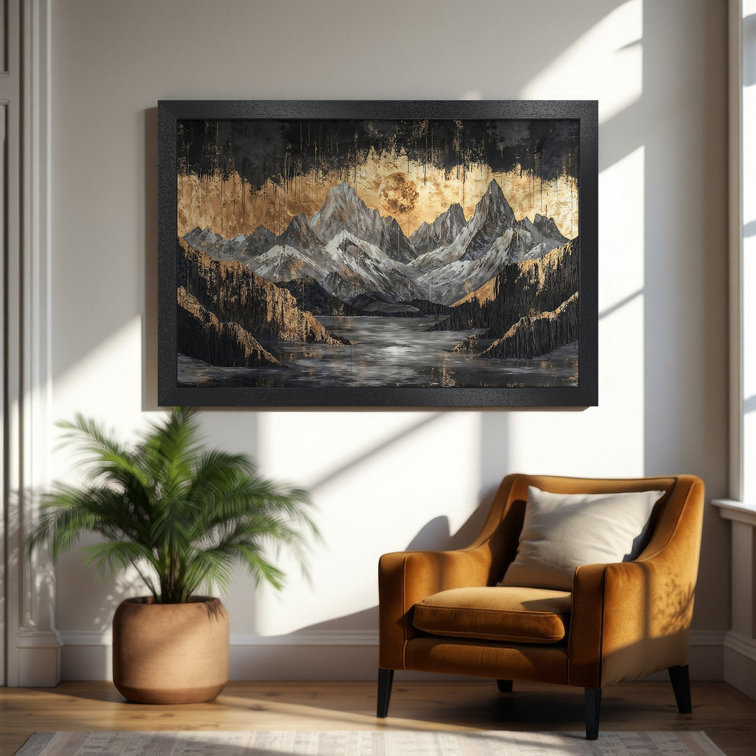 Framed Poster of mountain landscape art, gold & black abstract style, adds modern elegance to any room.