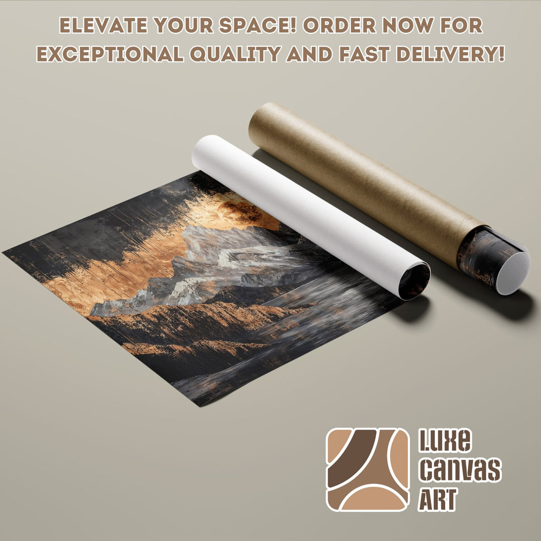 Abstract art poster roll with black, gold, and gray tones. Elevate your space with this stunning poster!