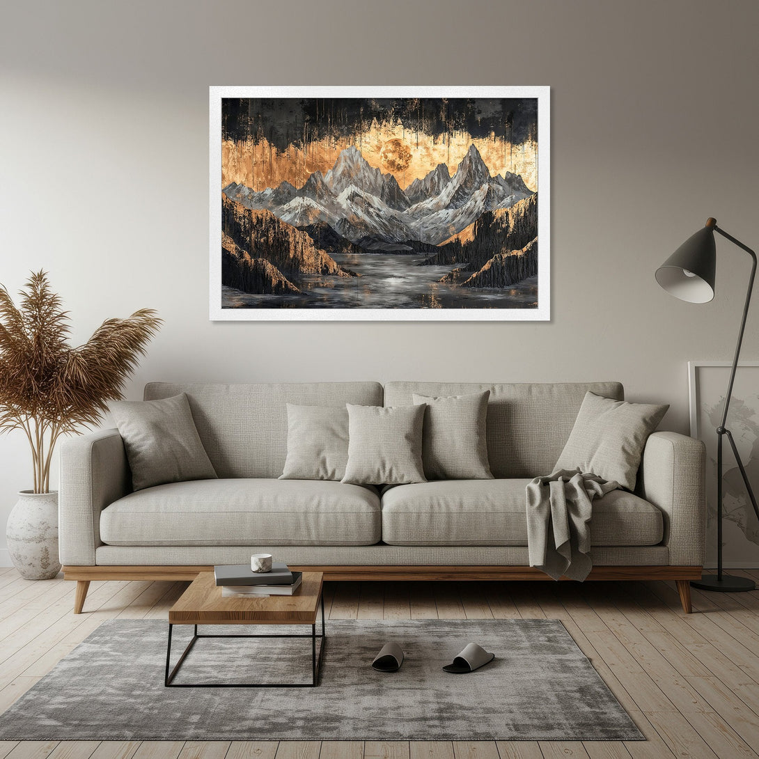 Framed Poster of a mountain landscape in gold, black and white. Modern art print for home decor.