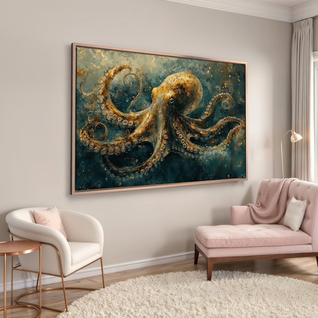 Framed Wall Art: Octopus painting in teal and gold. Modern abstract style Canvas Print adds elegance to any interior. Shop now!