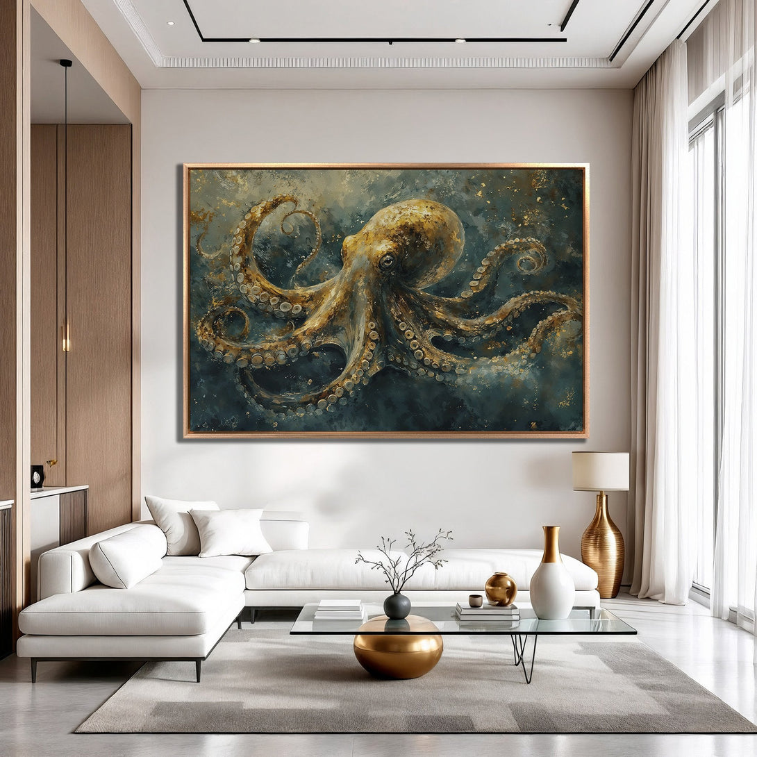 Framed Wall Art: Octopus painting in teal and gold, modern style. Perfect for coastal decor and adding a touch of elegance to your space.