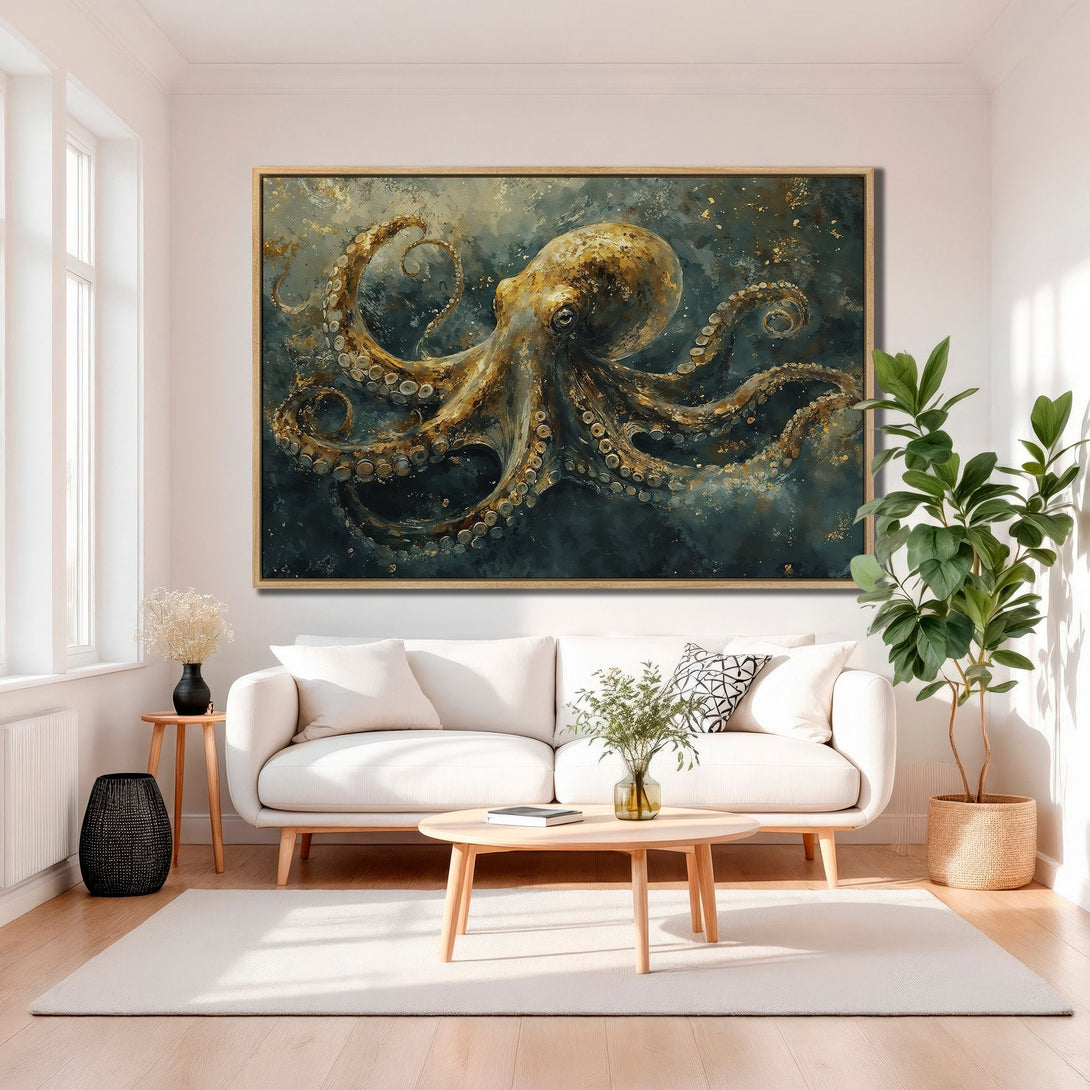Framed Wall Art: Stunning octopus painting in teal and gold. Modern coastal decor for your living room. Add artistic flair with this elegant canvas print.