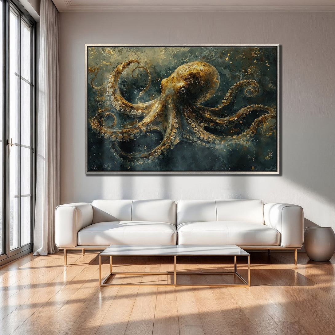 Framed Wall Art featuring an octopus in a modern style with a teal, gold, and brown color palette. Perfect for coastal decor!