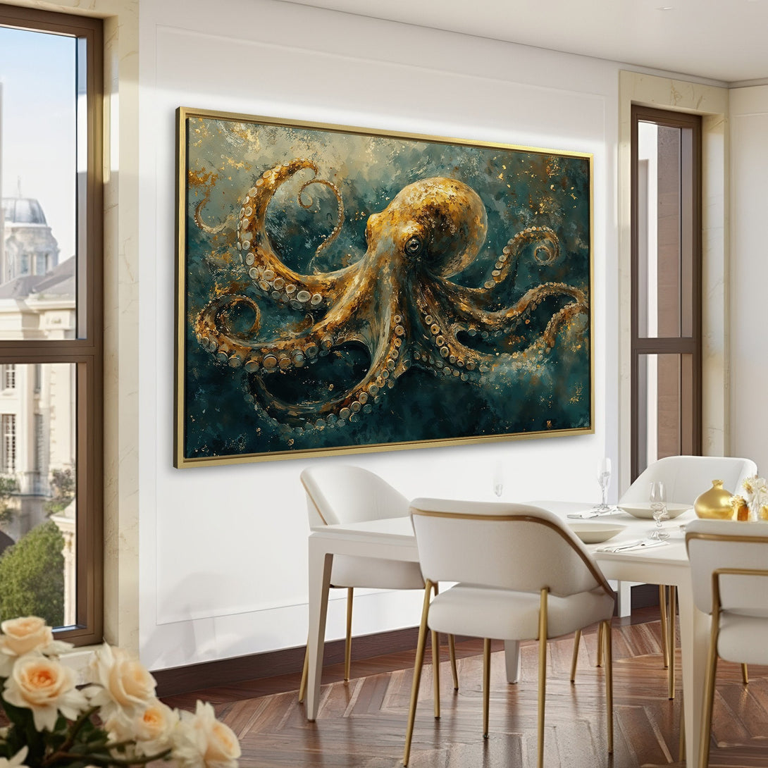 Canvas Print of an octopus in gold and teal tones, adding a touch of elegance to any interior space. Perfect wall art!