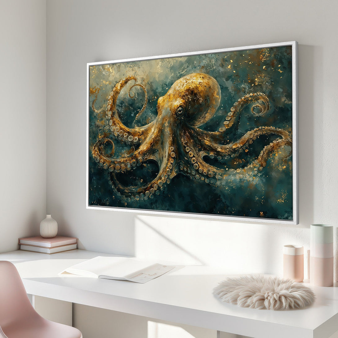 Framed Wall Art: Stunning octopus painting in teal, gold, and brown tones. Perfect for adding coastal style and artistic flair to your home decor.