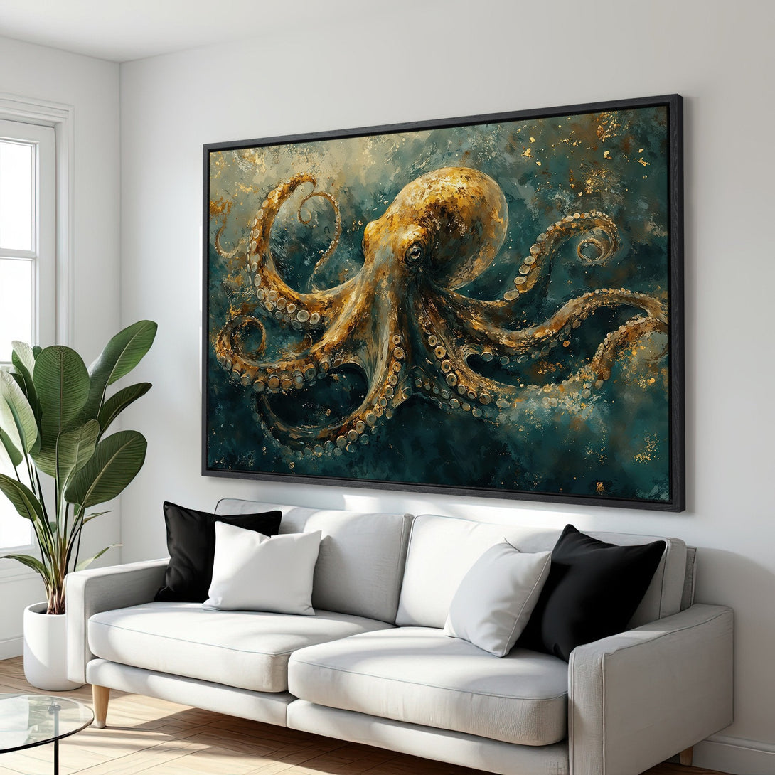 Framed Wall Art: Stunning octopus Canvas Print in teal, gold, and brown tones. Perfect for coastal decor and adding a touch of elegance to any space.