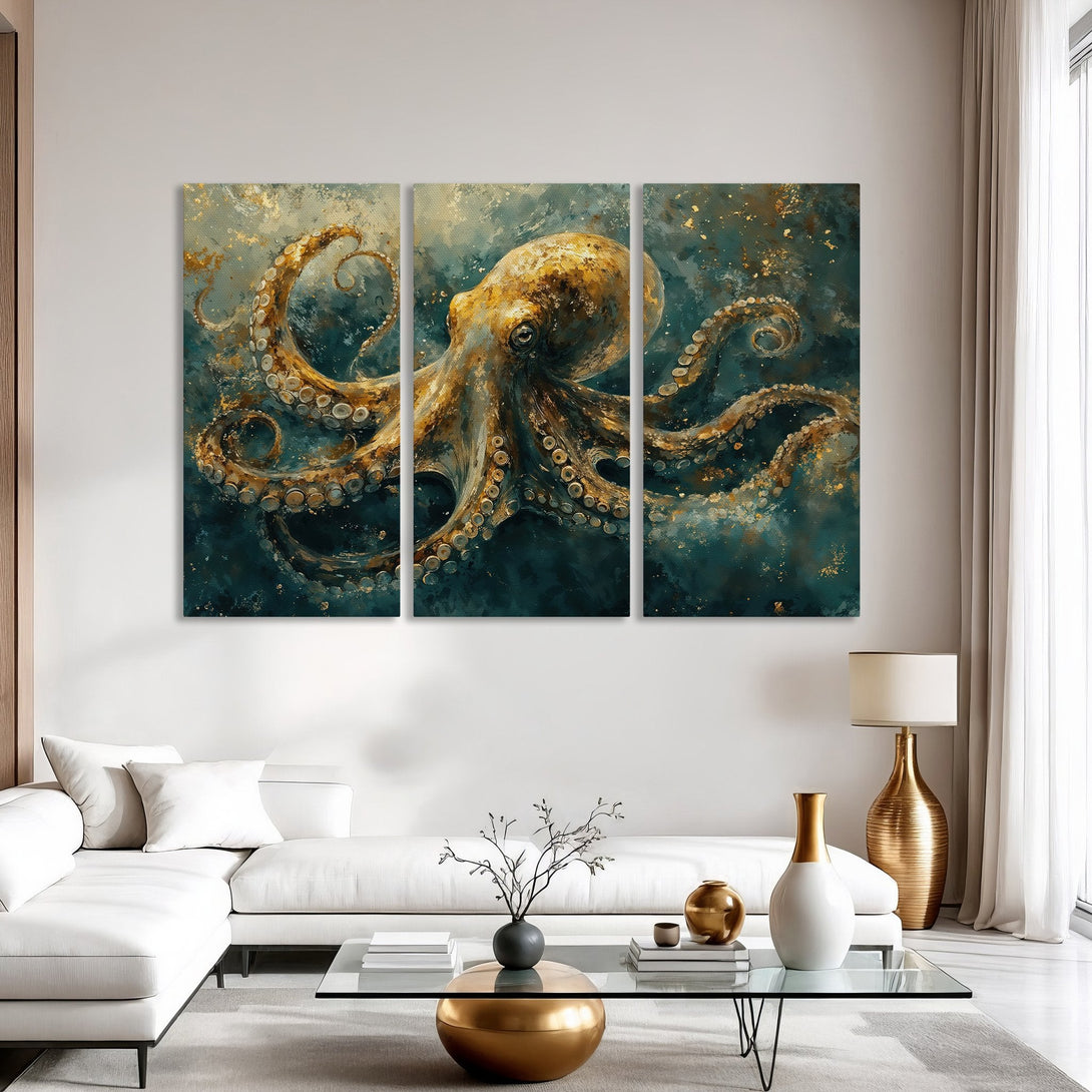 Abstract octopus Canvas Print in teal and gold. Modern wall art for a stylish home. Adds a touch of luxury and oceanic vibes.