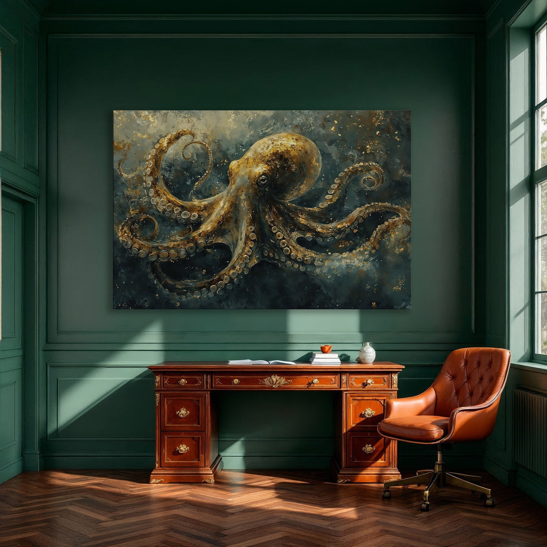 Framed Wall Art featuring an abstract octopus in teal and gold tones. Perfect for adding a touch of coastal elegance to your dining room.