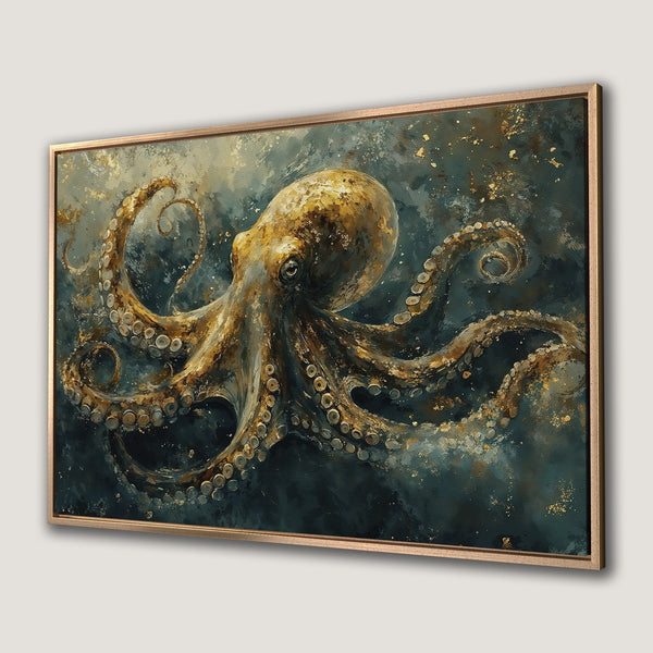 Framed Wall Art: Majestic octopus painting in teal, gold, and brown hues. Add coastal elegance with this stunning Canvas Print for your home decor.