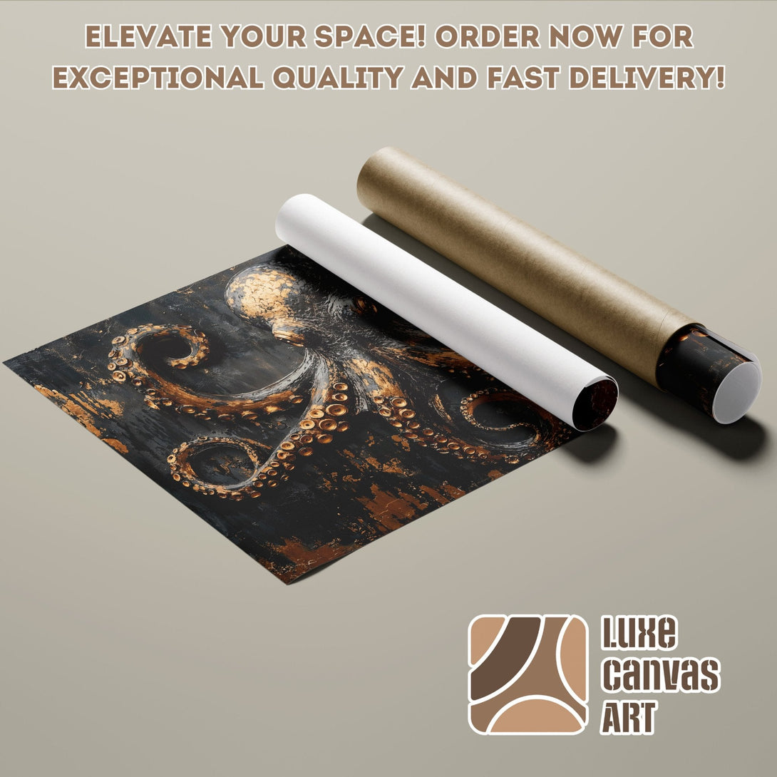 Octopus art Poster Roll, black & gold abstract design, ready to elevate your space.