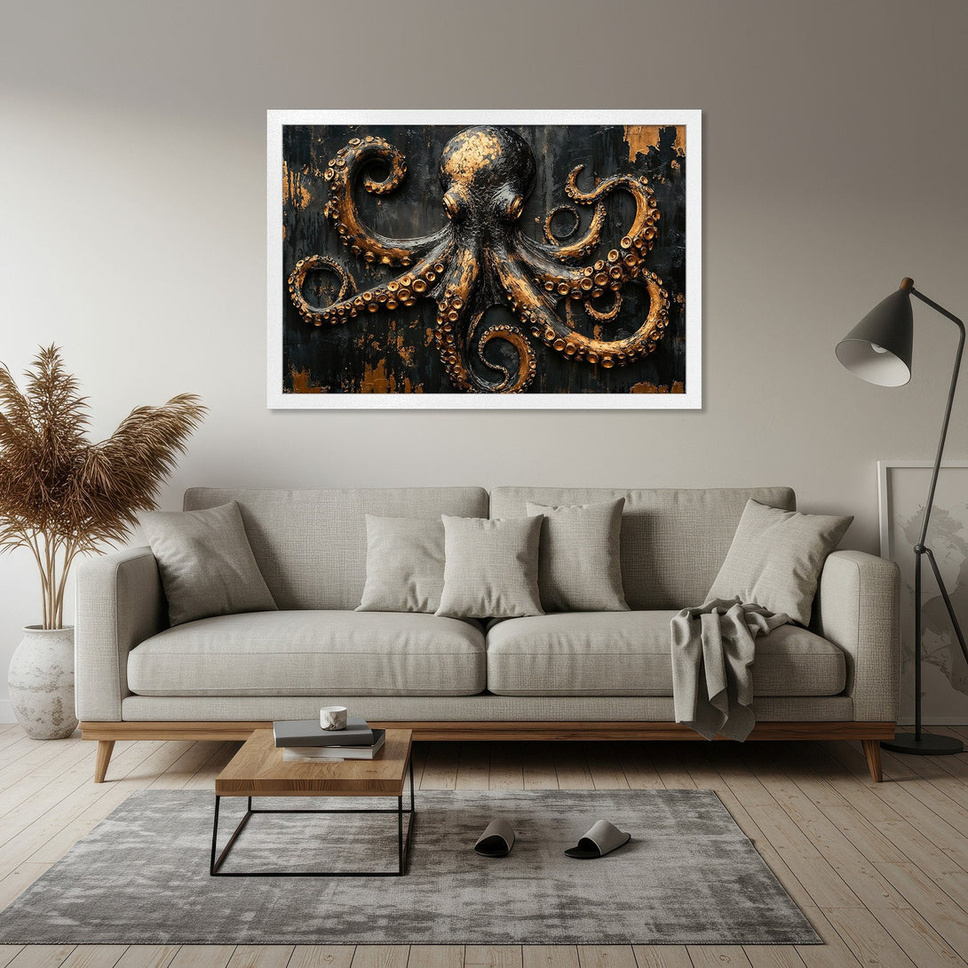 Framed Poster featuring a striking octopus design in black and gold, perfect for modern home decor.