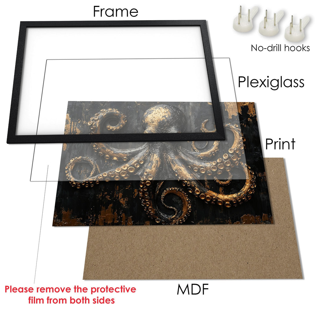 Framed Poster featuring an octopus in a dark, textured style with gold and black color palette. Elevate your space with art!