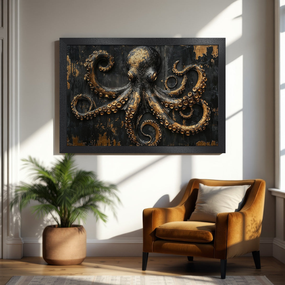 Framed Poster featuring a detailed octopus in black and gold, a striking piece of art for modern decor.