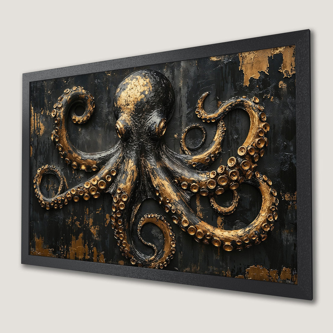Framed Poster featuring an octopus in a textured, gold and black color palette. Perfect for modern decor!