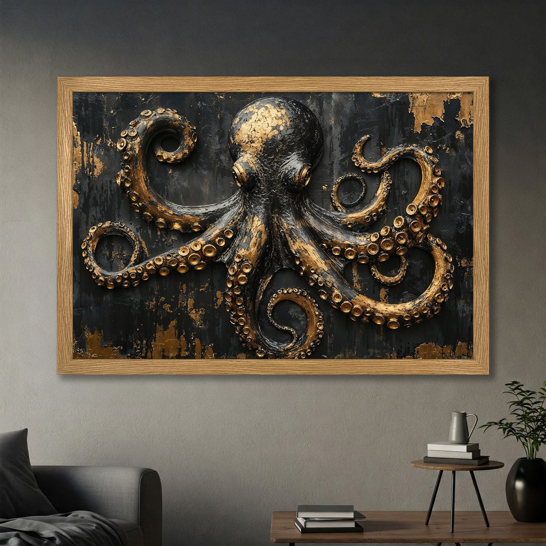 Framed Poster featuring a detailed octopus in black and gold, perfect for modern art decor.