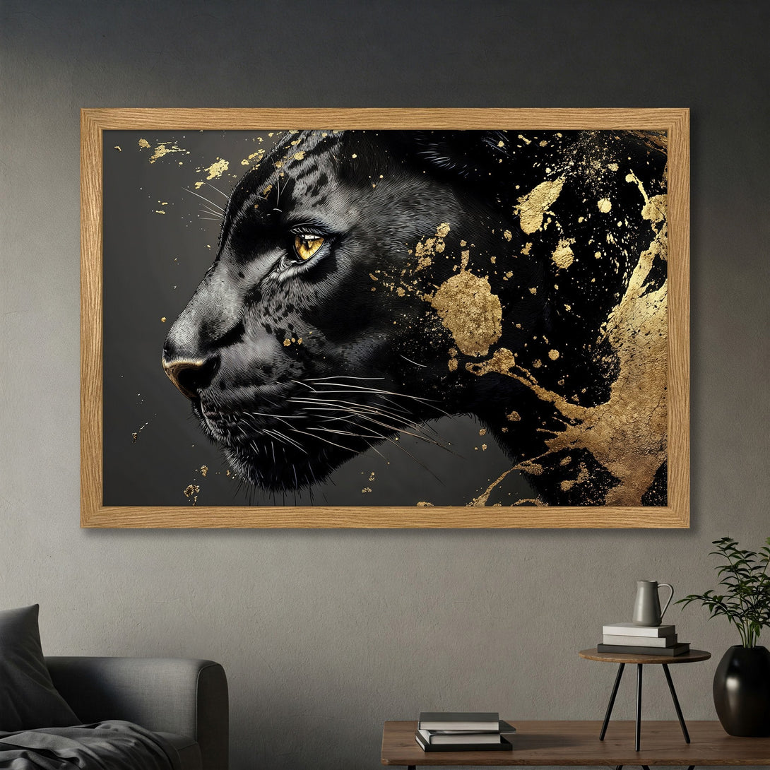 Framed Poster featuring a black panther with gold accents, a striking and modern art piece in a neutral color palette.