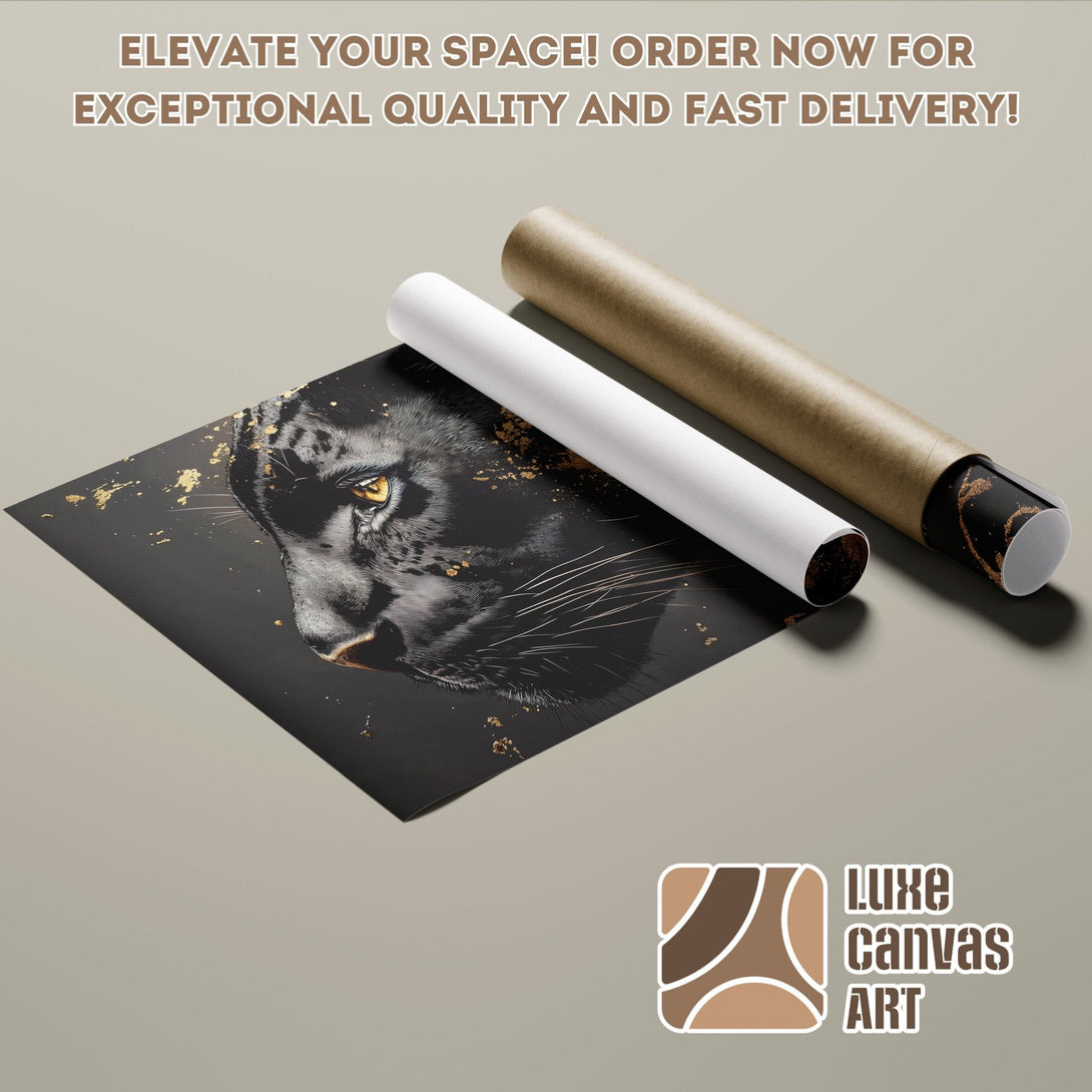 Poster Roll featuring a black panther art print with gold accents. Modern style, dark & neutral color palette.