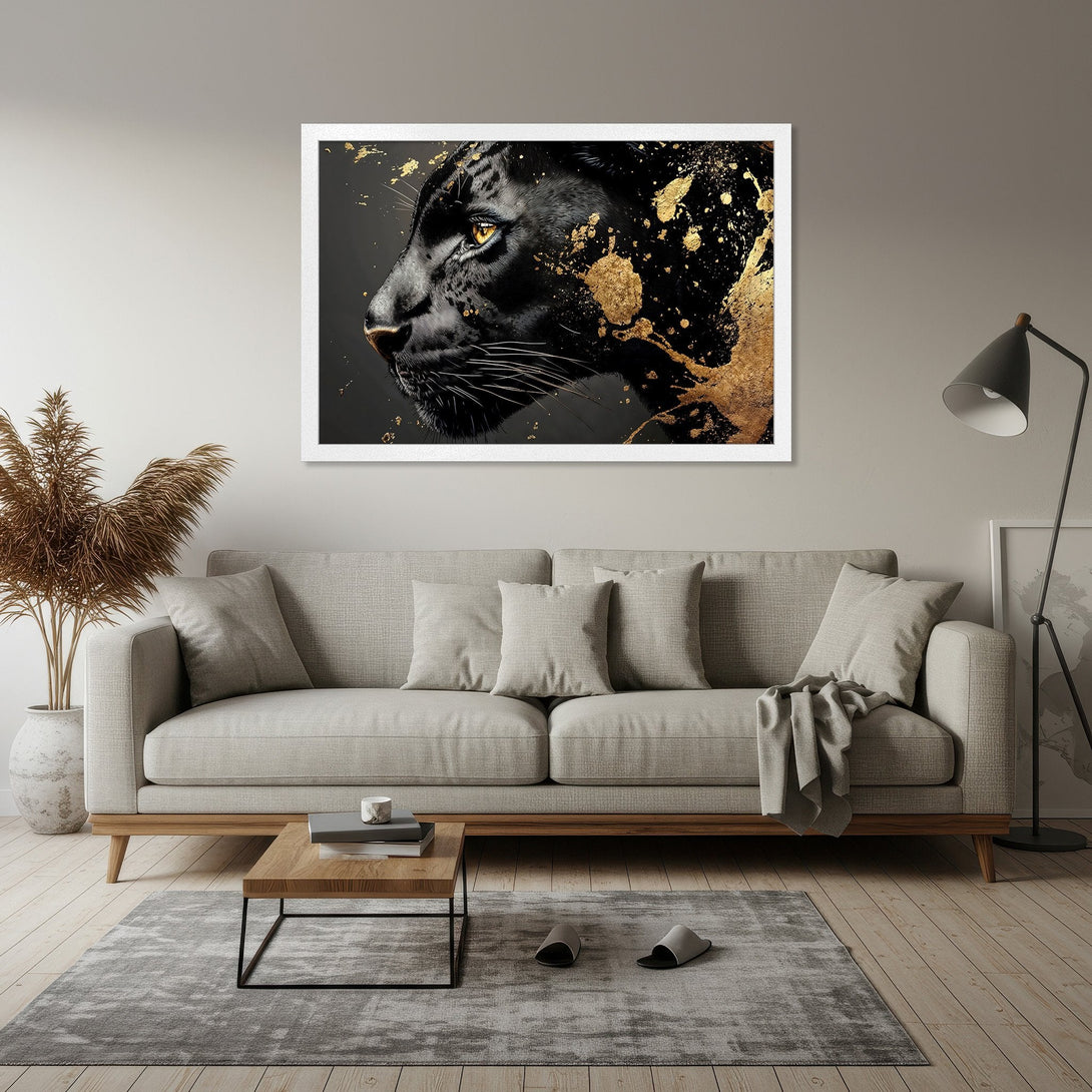 Framed Poster featuring a black panther with gold accents. Modern art style, black, gold, and neutral color palette. Perfect wall decor.