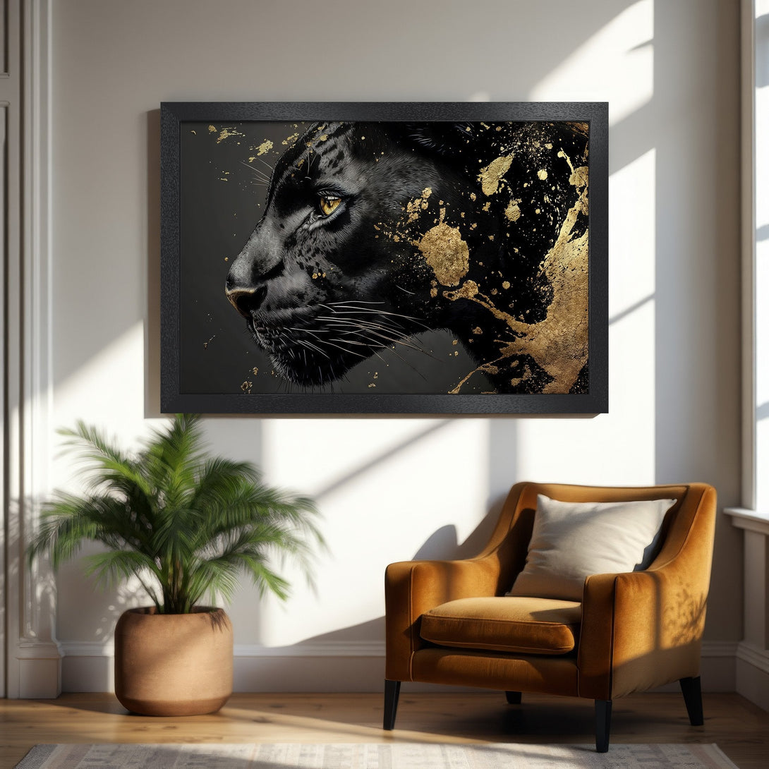 Framed Poster featuring a black panther with gold accents. Modern art style, striking black and gold color palette. Elevate your space!