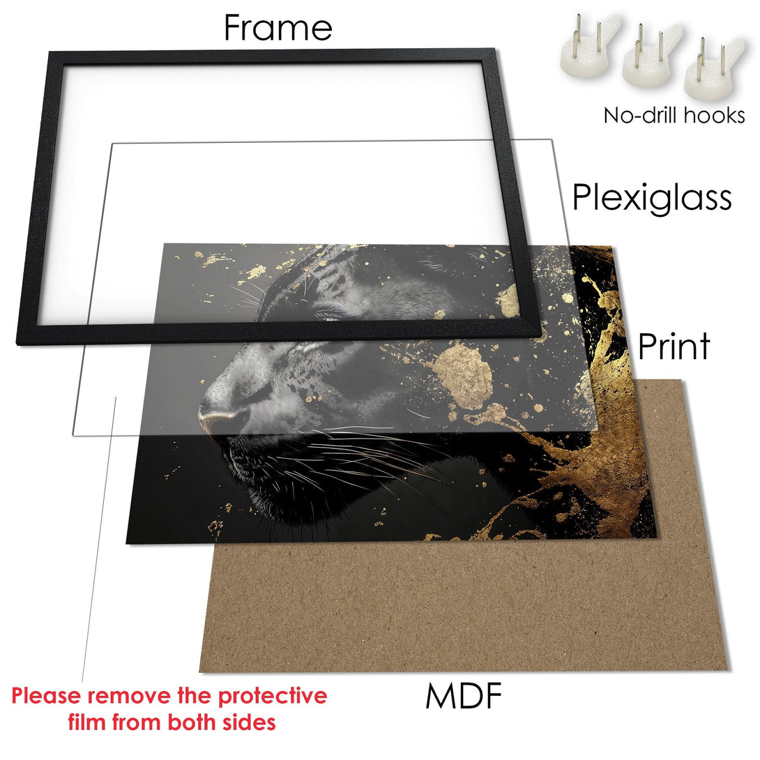 Framed Poster featuring a black panther with gold accents. Modern art style, black and gold color palette.