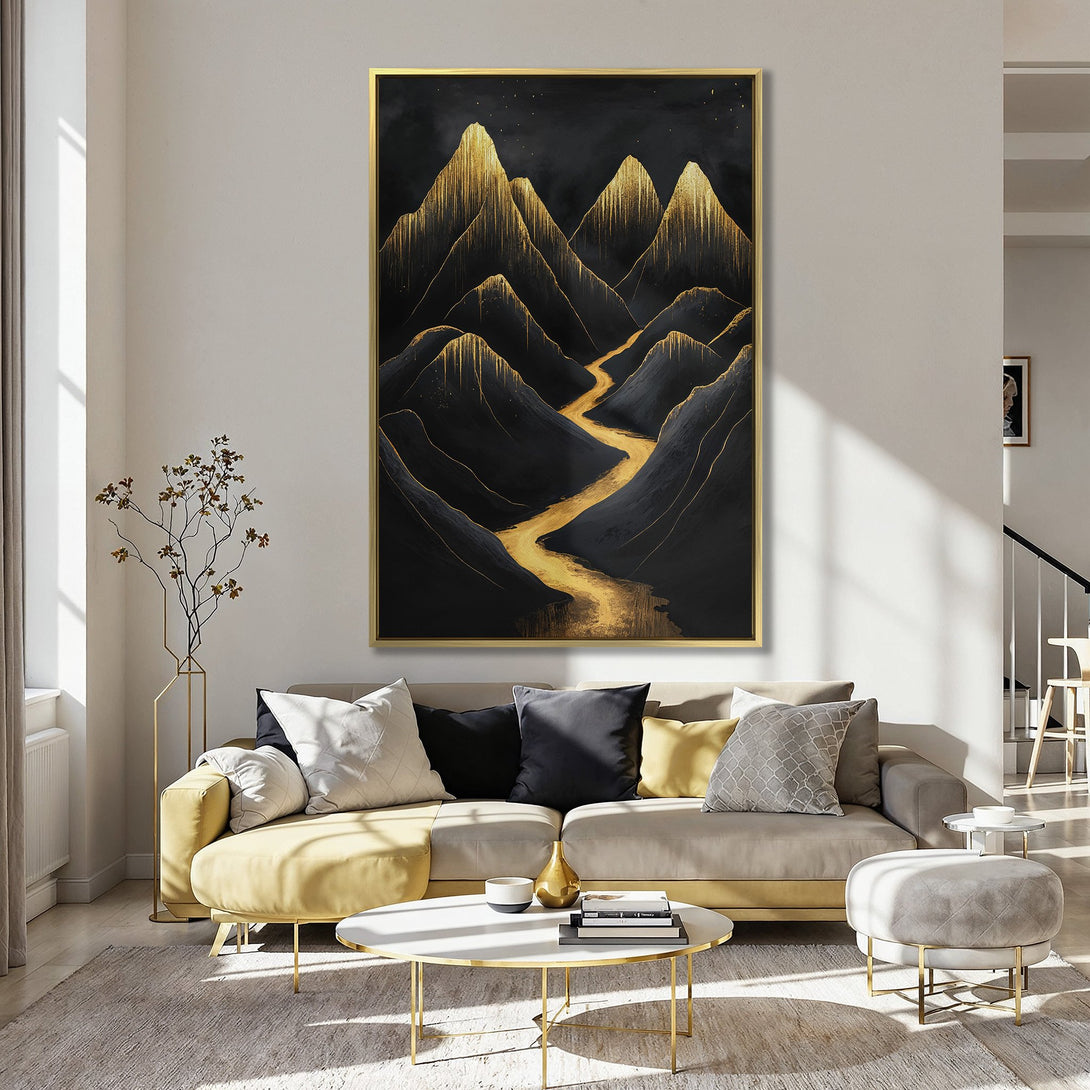 Canvas Print of abstract gold mountains on black, modern art. Perfect for adding a touch of elegance to any room.