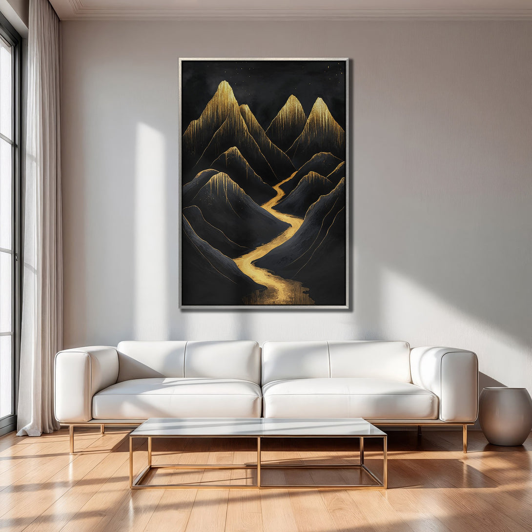 Framed Wall Art: Abstract mountain landscape in black and gold. Modern art Canvas Print adds elegance to living room decor.