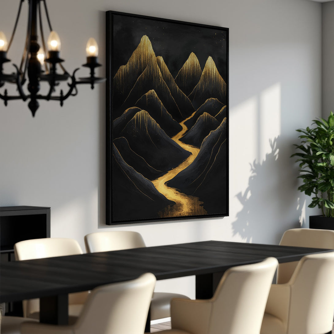 Framed Wall Art featuring abstract mountains in black and gold. Modern art print with a luxurious, elegant color palette. Perfect for dining room decor.