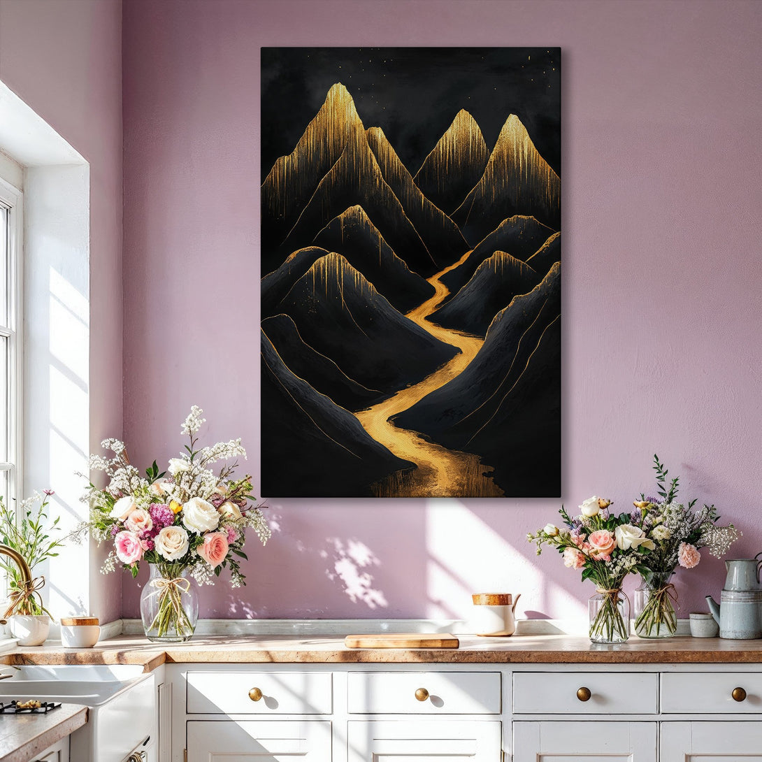 Framed Wall Art featuring abstract mountain landscape in black and gold. Modern art print with a luxurious color palette, perfect for any interior design.