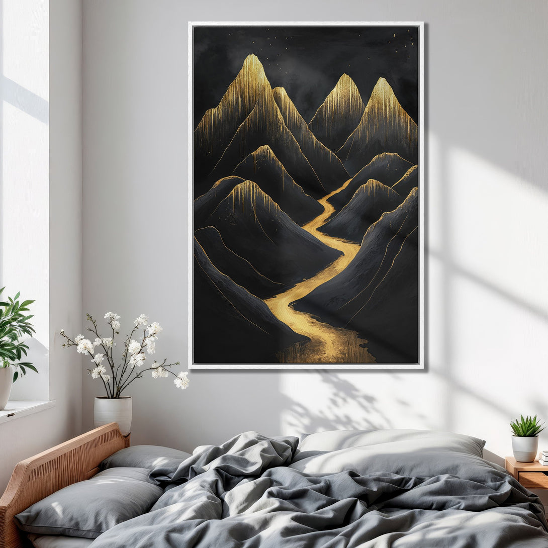 Framed Wall Art: Abstract mountain landscape Canvas Print in black and gold. Modern art for bedroom decor.