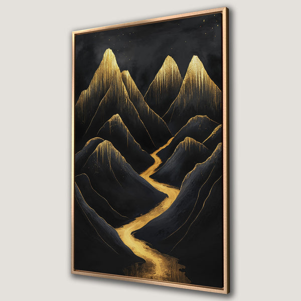 Framed Wall Art featuring an abstract mountain landscape in black and gold. Modern art print with a luxurious, minimalist aesthetic. Perfect for home decor.