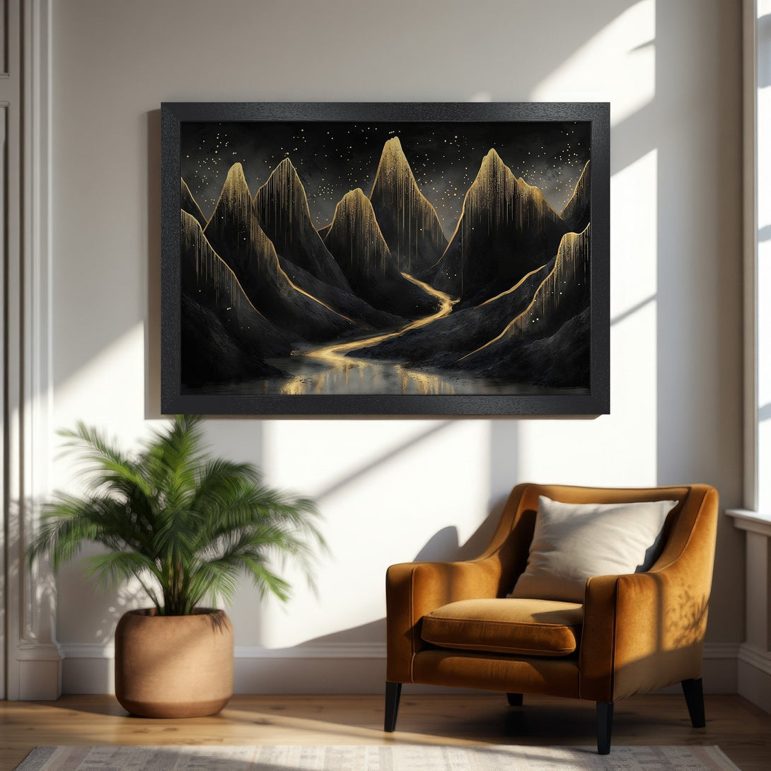 Framed Poster of abstract mountain landscape in black and gold. Modern art print for home decor.