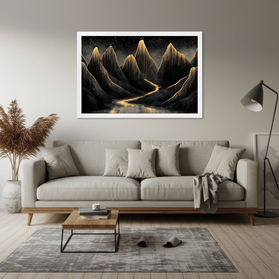 Framed Poster featuring a stunning mountain landscape in black, gold, and gray tones. Elevate your space with this art print!
