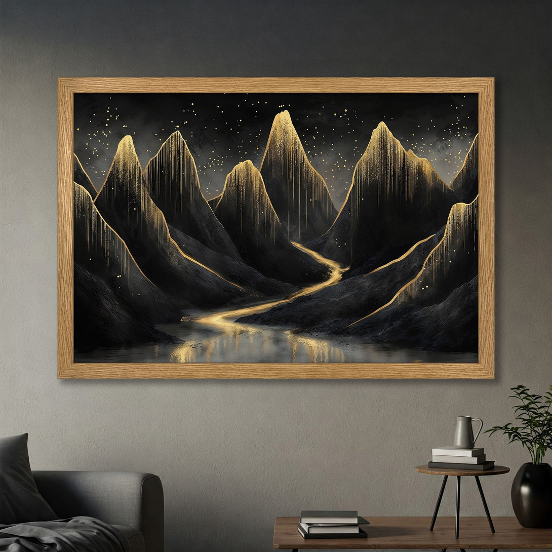 Framed Poster featuring abstract mountain art in black and gold. Modern, elegant wall decor. Perfect for any room.