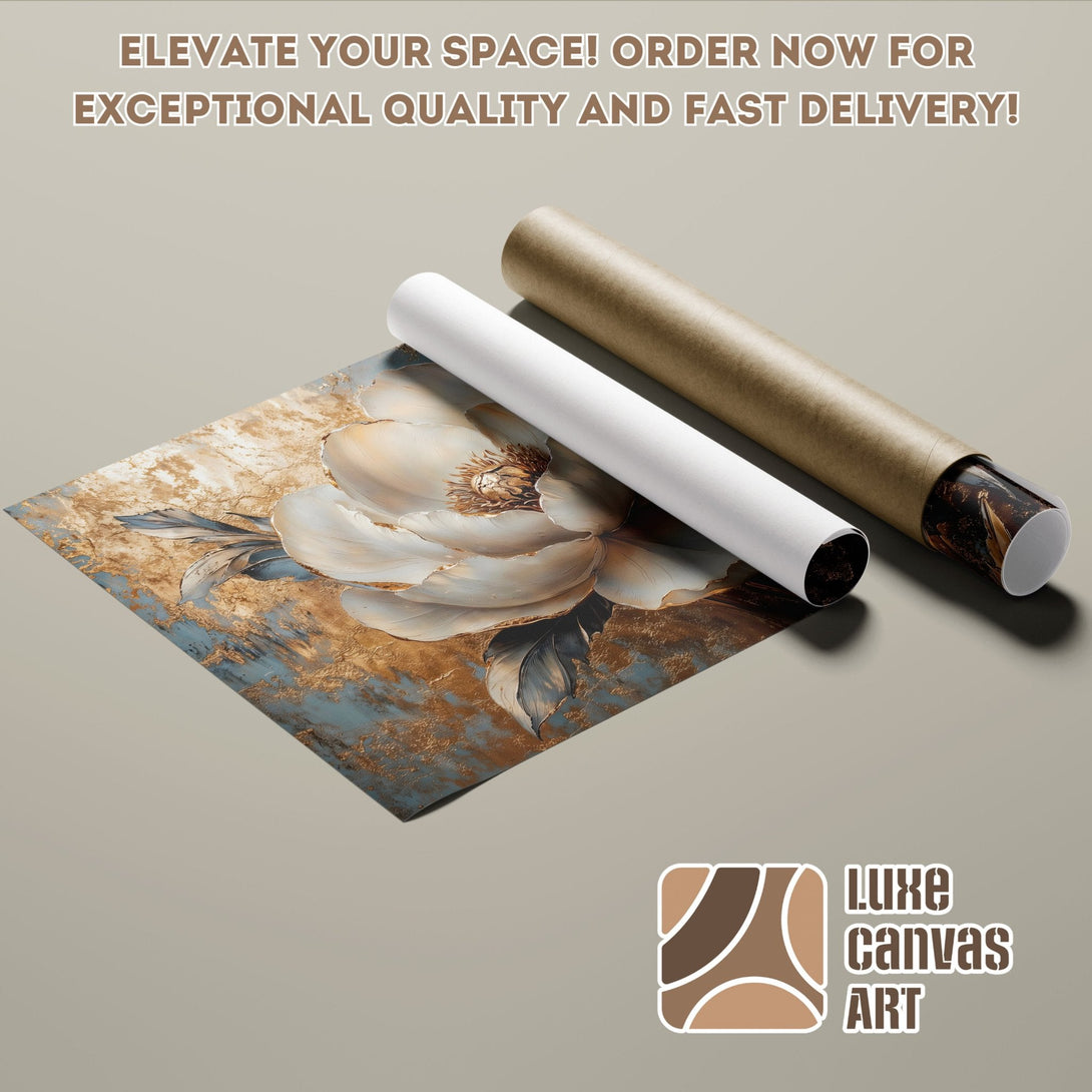 Floral Poster Roll, abstract art with gold and blue tones. Elevate your space with Luxe Canvas Art.