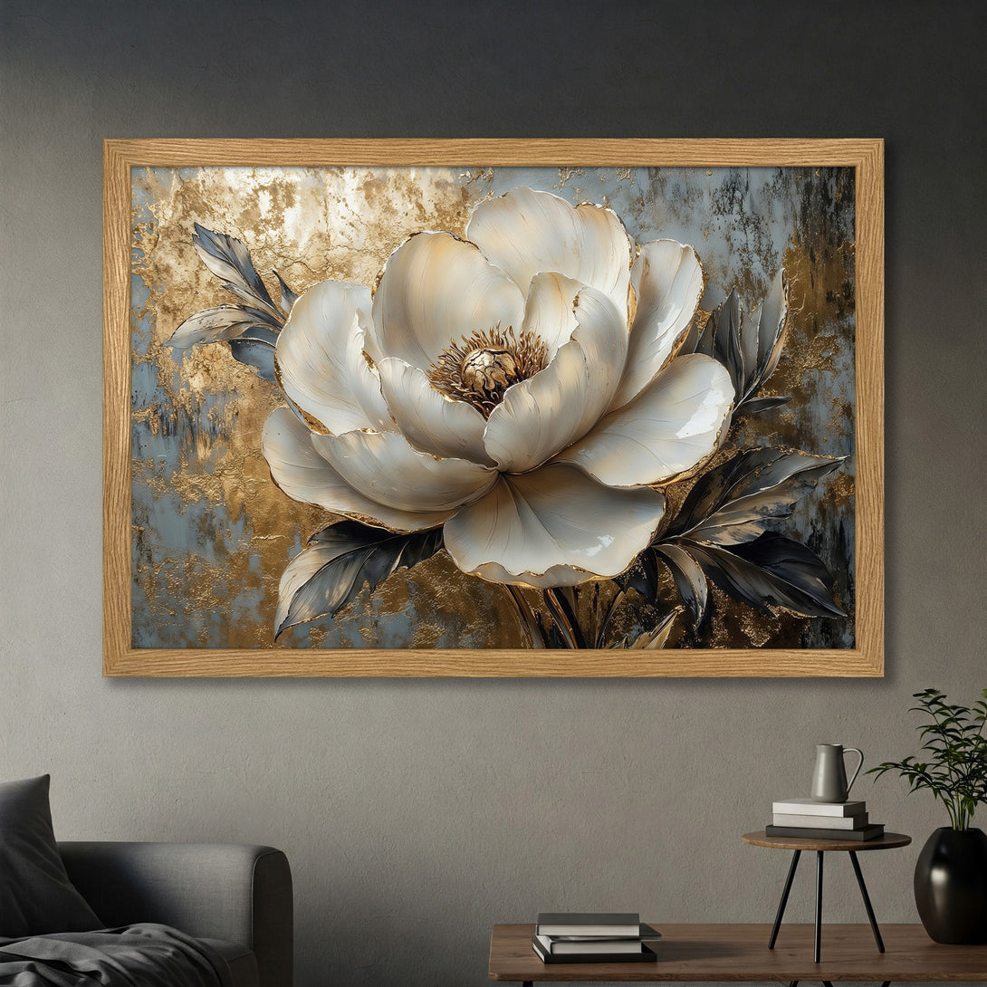 Framed Poster featuring a stunning white flower with gold accents on a textured backdrop. Elegant style, neutral and gold color palette.