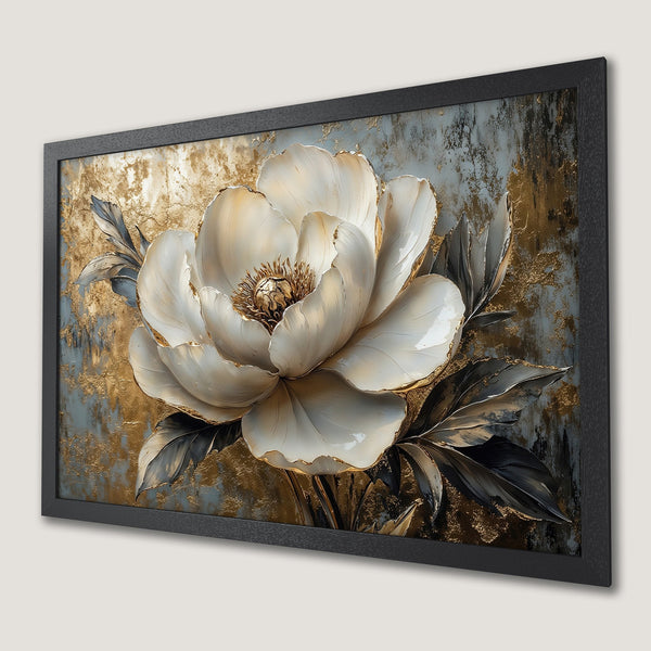 Framed Poster featuring a white flower with gold accents, elegant style, and a neutral color palette.