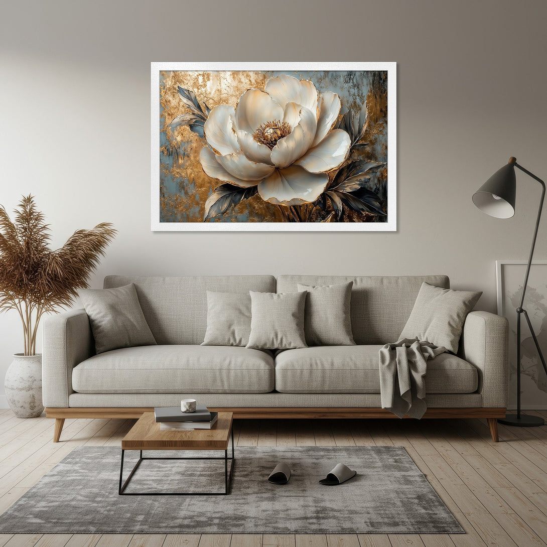 Framed Poster of a large, elegant white flower with gold accents. Artistic style, neutral color palette. Perfect wall art!