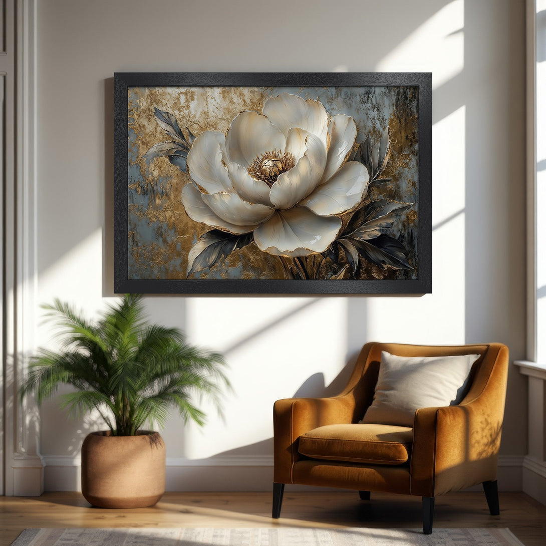 Framed Poster featuring a stunning white flower, gold and blue accents, and a luxurious, modern style. Perfect wall art!