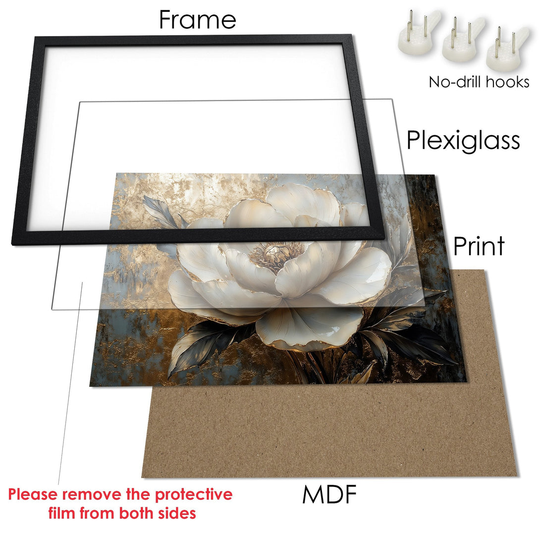 Framed Poster featuring a white floral design with gold accents. Elegant art print in a black frame, perfect for any home decor.