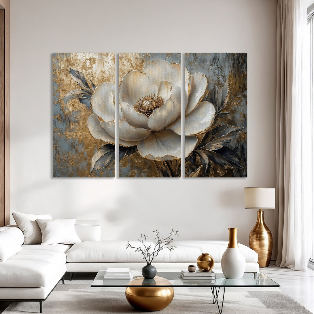 Elegant Canvas Print of a white peony with gold accents. Modern floral art in a neutral color palette, perfect for home decor.