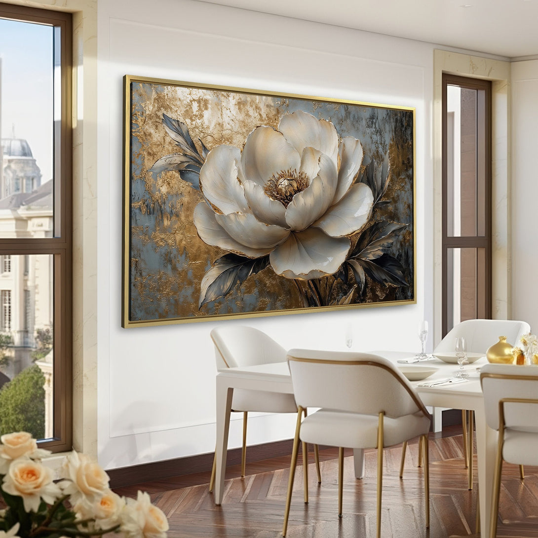 Canvas Print of a white peony flower in a luxurious interior. Features gold and gray tones, perfect for elegant wall decor.
