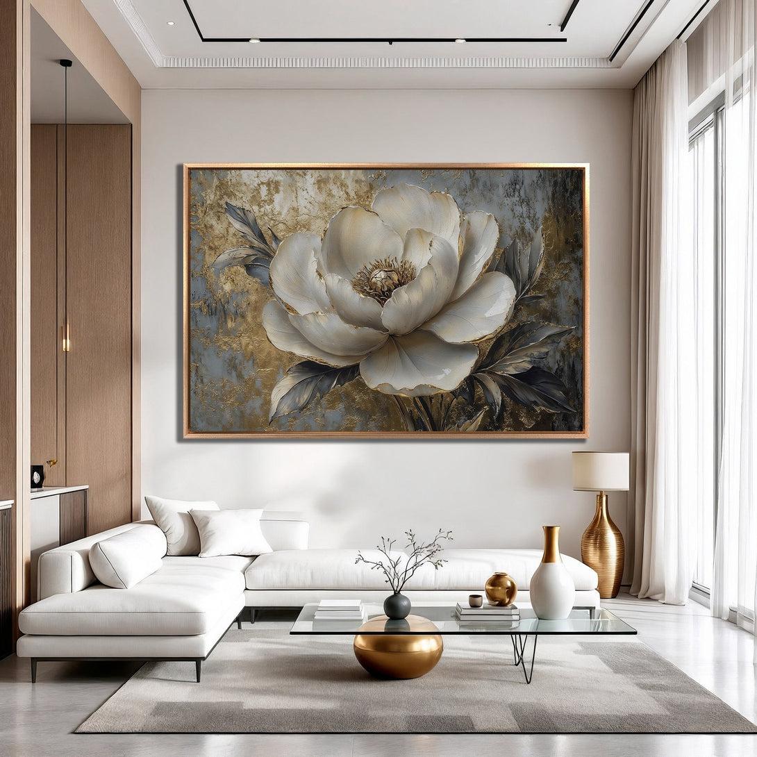 Framed Wall Art featuring a large white floral painting. Modern style with gold, gray, and white color palette. Elevate your space!