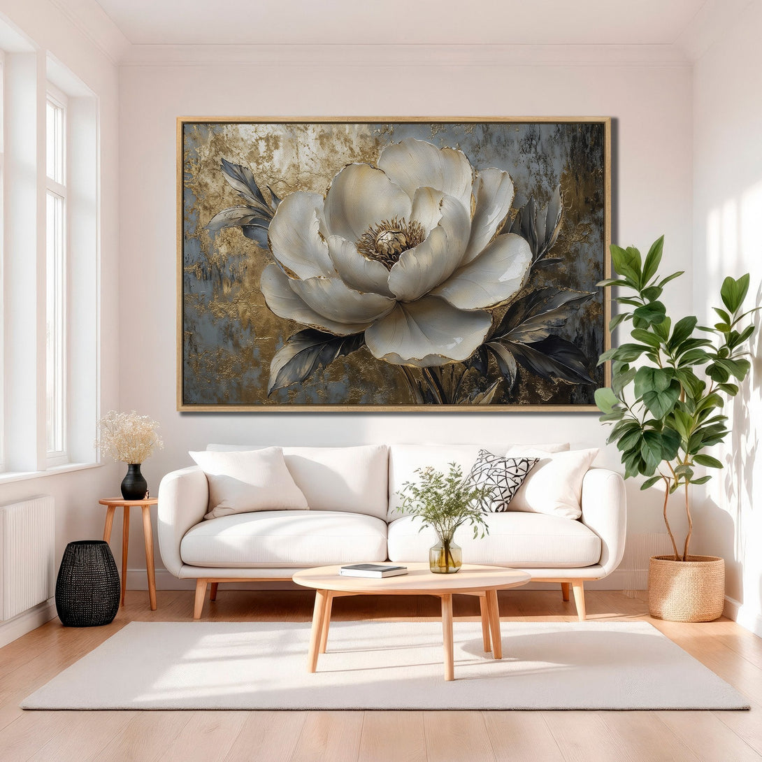 Framed Wall Art: Large, elegant floral canvas print in gold, gray, and white. Perfect for modern living rooms. Elevate your space with this stunning artwork.