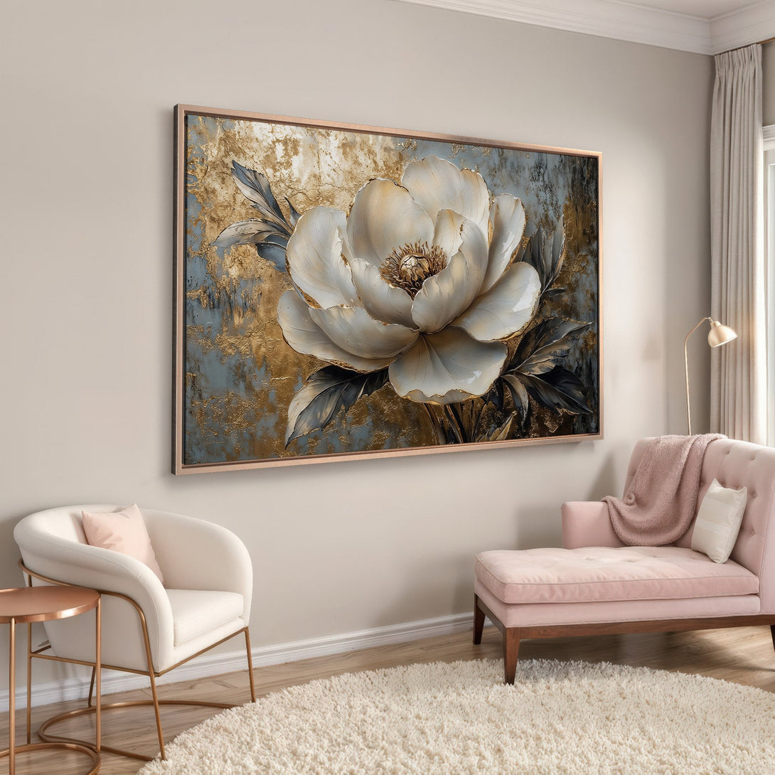 Framed Wall Art: Elegant floral canvas print in gold, gray, and white tones. Modern artwork for living room decor.
