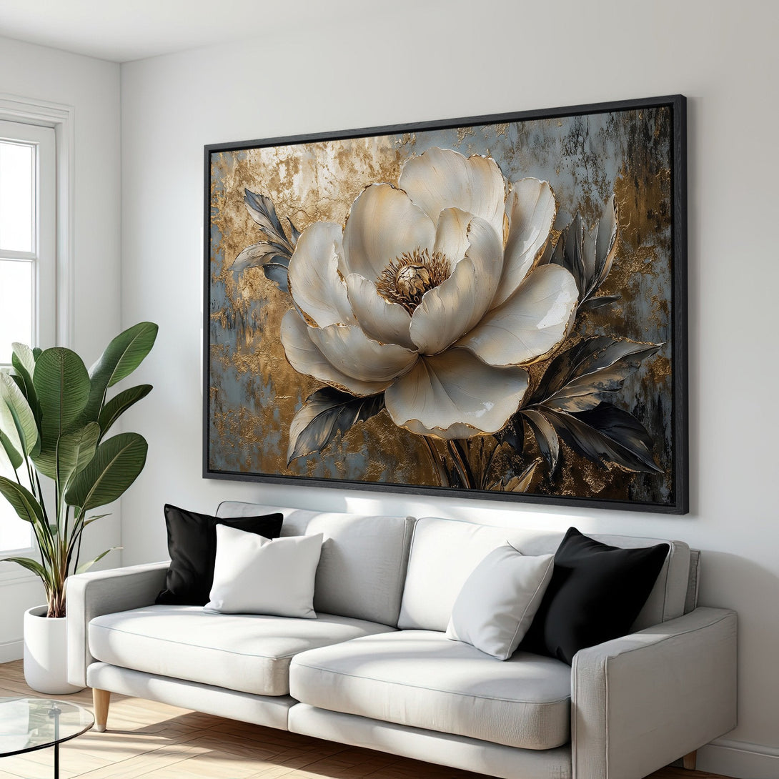 Framed Wall Art featuring a large, textured white peony with gold and grey accents. Modern floral canvas print perfect for home decor.