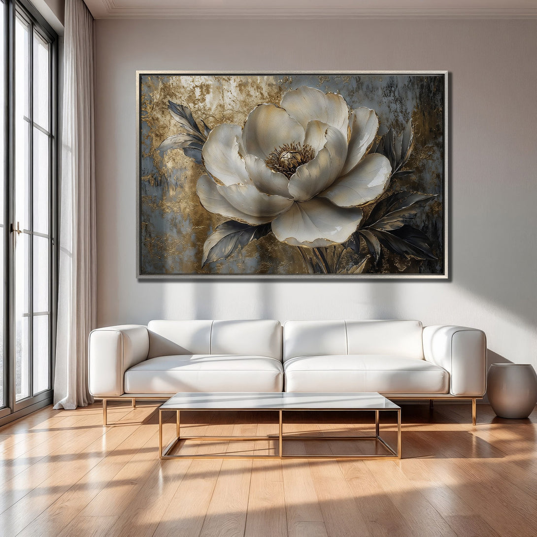 Framed Wall Art: Elegant floral Canvas Print with a gold, gray, and white color palette. Modern interior decor featuring a large flower painting.