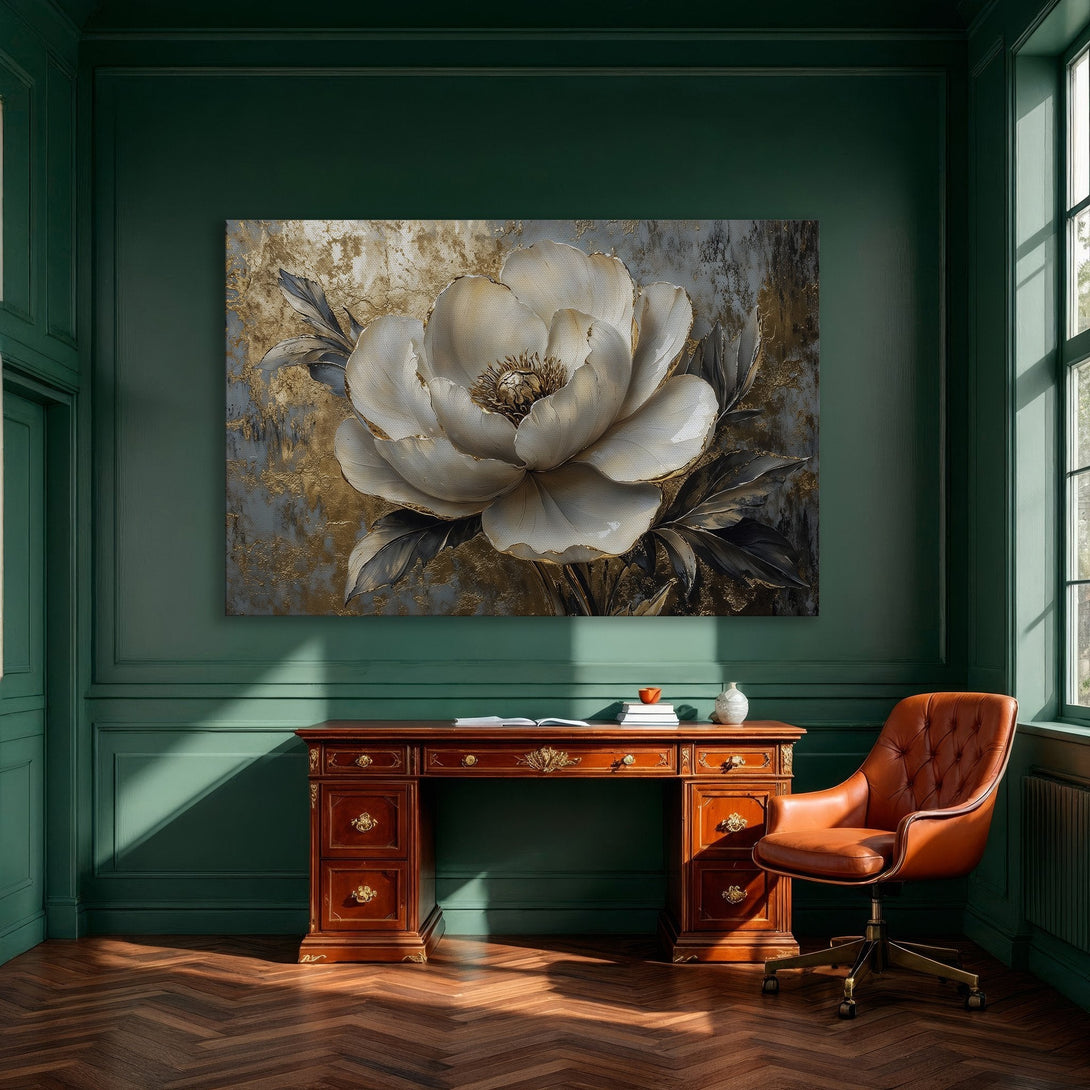 Framed Wall Art: Elegant floral canvas print in gold, white, and gray tones. Perfect for adding a touch of luxury to your dining room decor.