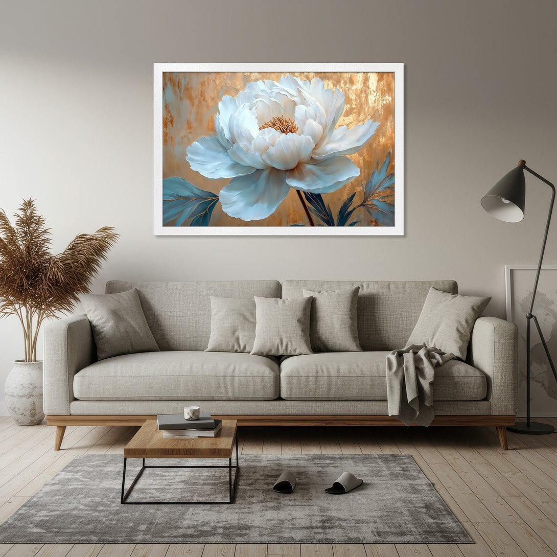 Framed Poster featuring a white peony floral art print, gold and teal color palette, perfect for modern home decor.