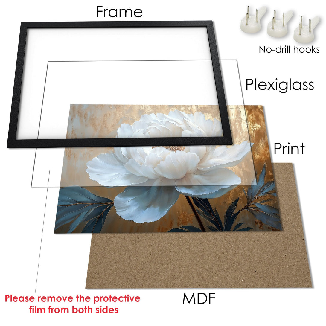 Framed Poster featuring a white flower art print in gold and blue tones. Modern floral wall art decor.