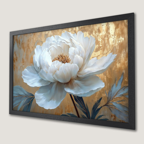 Framed Poster of a white peony flower, gold and blue color palette, artistic style, perfect wall decor.